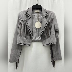 NWT Saints And Hearts Western Studded Gray Faux Suede Fringe Women's Jacket